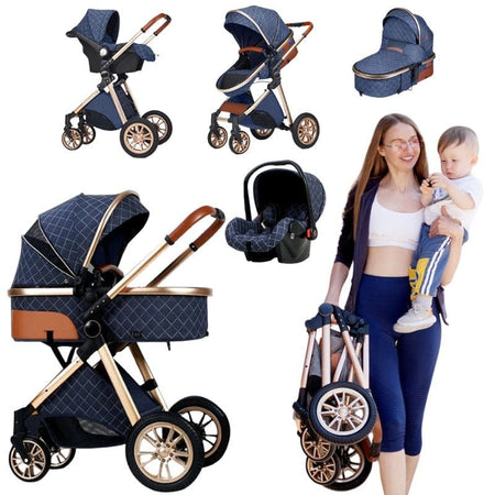 Poussette 3 en 1 bleu marine présentée dans ses différents modes avec coque siège auto et format plié - Bébé Lova