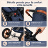 Détails confort et sécurité de la poussette 3 en 1 : harnais 5 points, poignée en cuir PU, frein à double action et poignée amovible - Bébé Lova