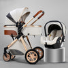 Poussette 3 en 1 crème sur châssis doré avec nacelle réversible et coque siège auto - Bébé Lova