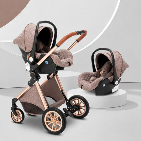 Poussette 3 en 1 compacte coloris moka avec nacelle, siège réversible et coque siège auto assortis - Bébé Lova
