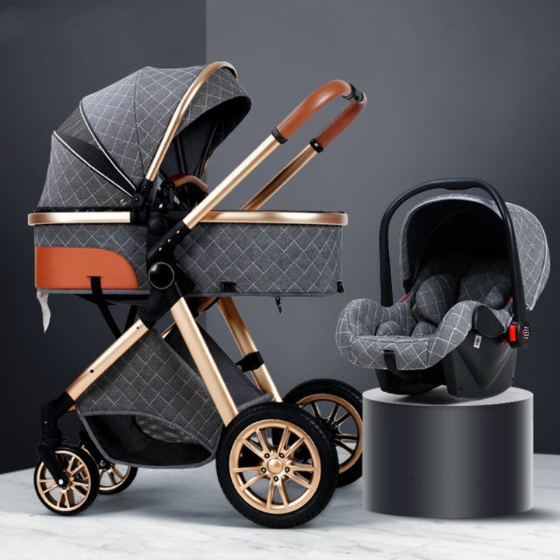 Poussette 3 en 1 grise sur châssis doré avec nacelle et coque siège auto - Bébé Lova