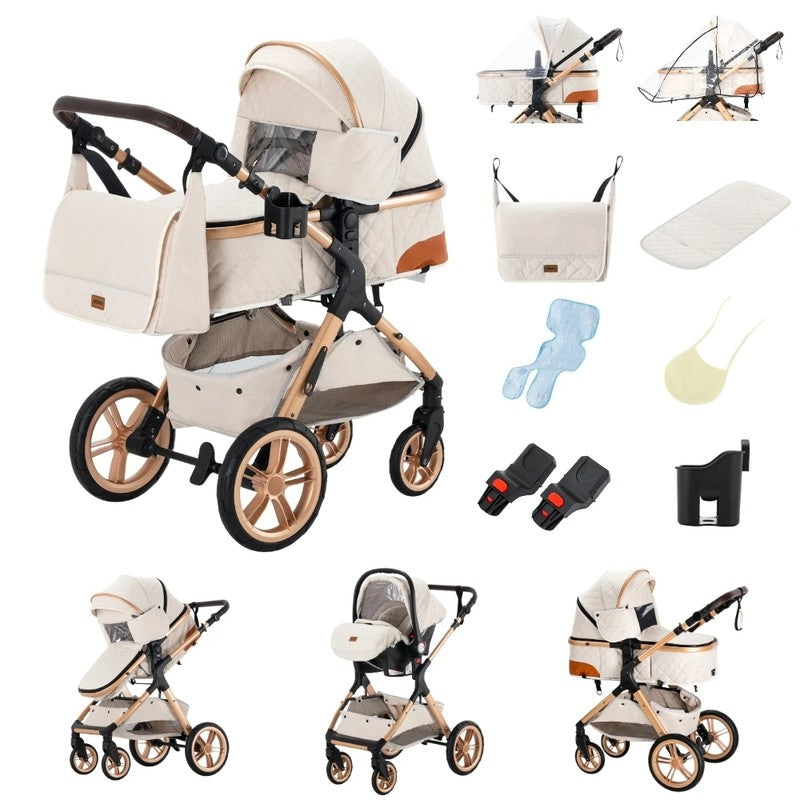 Poussette 3 en 1 couleur crème avec accessoires, moustiquaire et sac assorti - Bébé Lova