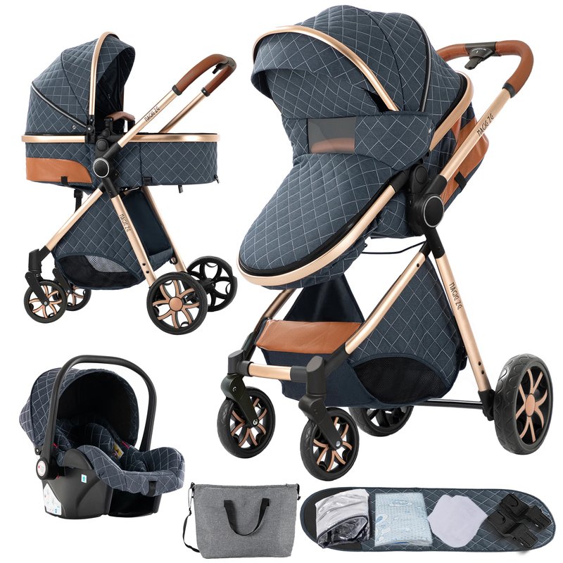 Poussette 3 en 1 bleu marine avec cosy, nacelle et accessoires assortis - Bébé Lova