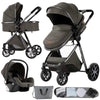 Poussette 3 en 1 kaki élégant avec cosy assorti et accessoires inclus - Bébé Lova