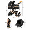Dimensions détaillées de la poussette 3 en 1 avec nacelle, cosy et format plié pour faciliter le transport et le rangement - Bébé Lova