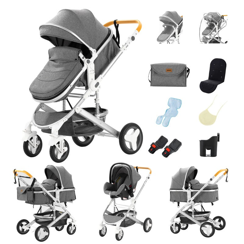 Poussette 3 en 1 grise avec nacelle, cosy, accessoires et sac assorti - Bébé Lova