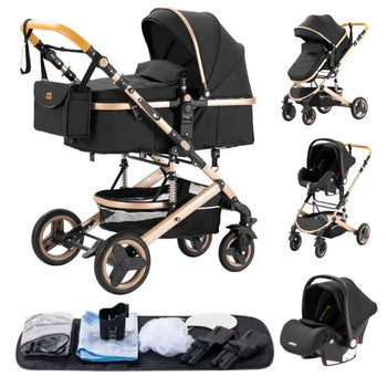 Kit complet poussette 3 en 1 noire comprenant nacelle, cosy et accessoires de voyage - Bébé Lova
