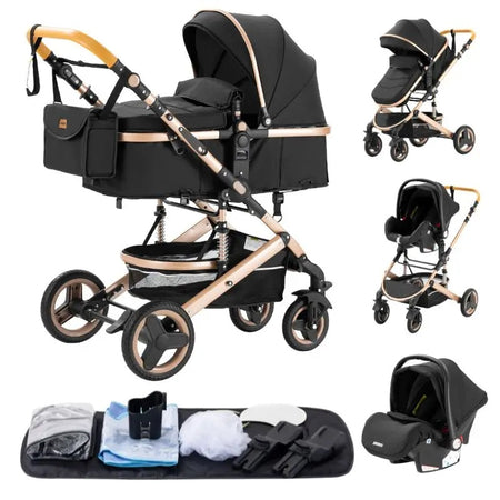 Kit complet poussette 3 en 1 noire comprenant nacelle, cosy et accessoires de voyage - Bébé Lova