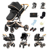 Poussette 3 en 1 noire finition premium avec châssis doré et accessoires inclus - Bébé Lova