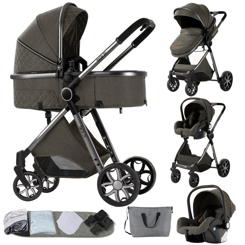 Poussette 3 en 1 kaki avec nacelle, siège auto et accessoires inclus - Bébé Lova