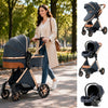 Maman promenant la poussette 3-en-1 ConvPram en mode nacelle bleu marine dans un parc avec présentation des configurations poussette, siège auto et cosy sur fond blanc - Bébé Lova