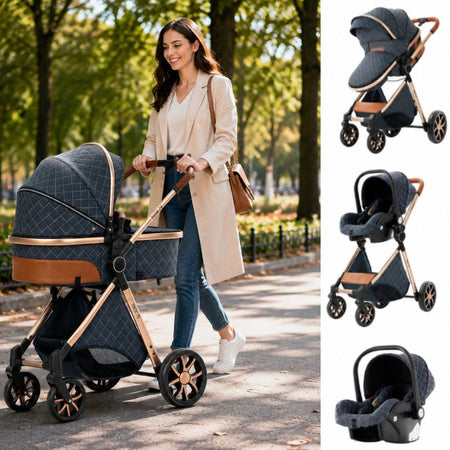 Maman promenant la poussette 3-en-1 ConvPram en mode nacelle bleu marine dans un parc avec présentation des configurations poussette, siège auto et cosy sur fond blanc - Bébé Lova