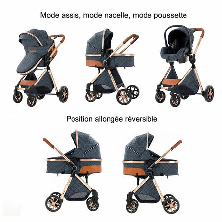 Poussette 3 en 1 avec modes assis, nacelle, siège auto et position allongée réversible - Bébé Lova