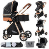 Poussette 3 en 1 noire avec finitions dorées, siège auto et accessoires inclus - Bébé Lova