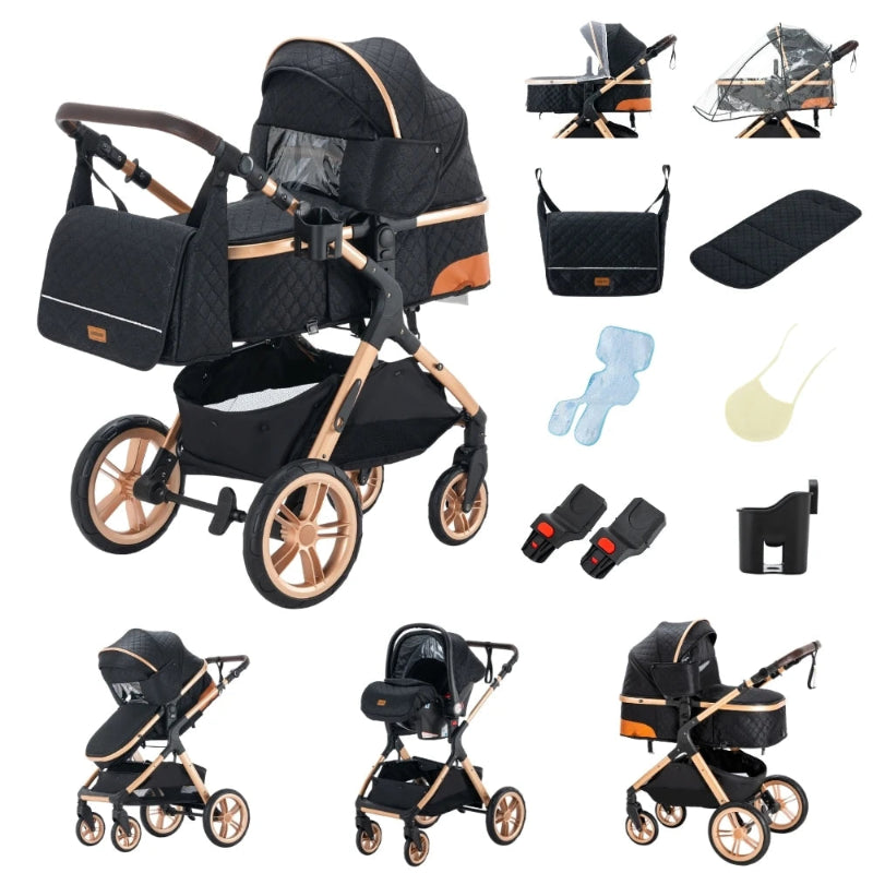 Poussette 3 en 1 noire avec accessoires premium et cosy assorti - Bébé Lova