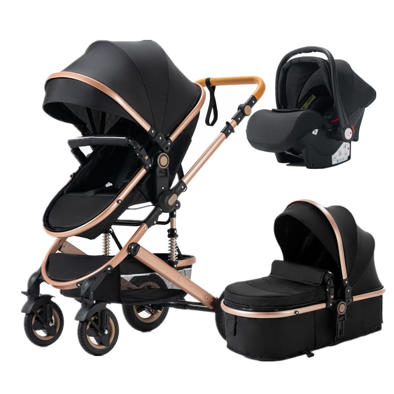 Poussette noire haut de gamme avec finitions rose gold et nacelle bébé - Bébé Lova