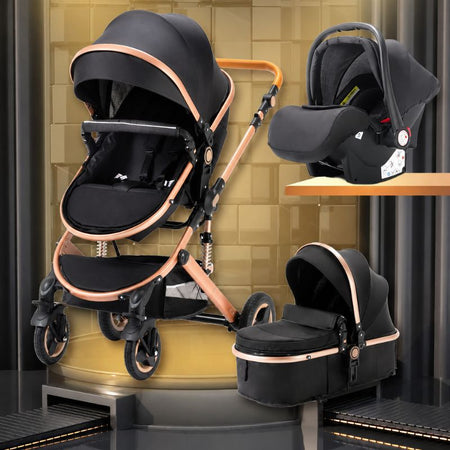 Poussette noire 3 en 1 présentée dans un showroom moderne éclairé - Bébé Lova