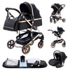 Poussette trio noire et dorée avec cosy et nacelle assortis - Bébé Lova