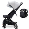 Poussette AirFold présentée dépliée et pliée en format sac à dos compact sur fond blanc - Bébé Lova