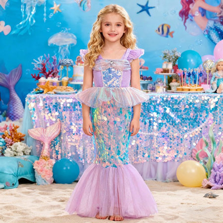 Petite fille portant la robe sirène ArielDress lors d'une fête d'anniversaire sur le thème de l'océan - Bébé Lova