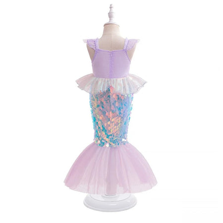 Vue arrière de la robe sirène ArielDress avec sequins irisés et finition queue de sirène en tulle - Bébé Lova