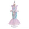 Vue de face de la robe sirène ArielDress avec bustier violet et sequins multicolores - Bébé Lova