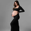Robe maternité SquareDress noire encolure carrée bodycon ventre apparent vue côté - Bébé Lova