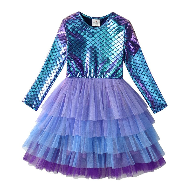 Robe sirène MermailTull présentée seule avec jupe multicouche en tulle bleu et violet - Bébé Lova