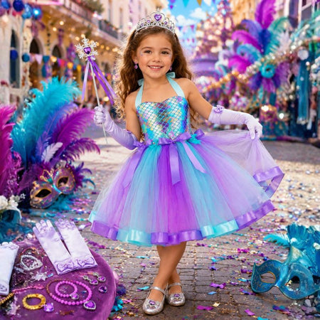Petite fille portant une robe sirène tutu turquoise et violette avec couronne, baguette magique, gants et bijoux assortis lors d'un carnaval festif et coloré - Bébé Lova
