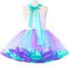 Vue arrière de la robe sirène tutu fille avec nœud satiné turquoise et jupe en tulle multicolore - Bébé Lova