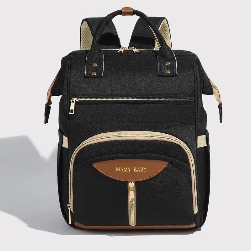 Sac à dos à langer noir multifonction PackaMom avec poches zippées et finitions dorées - Bébé Lova