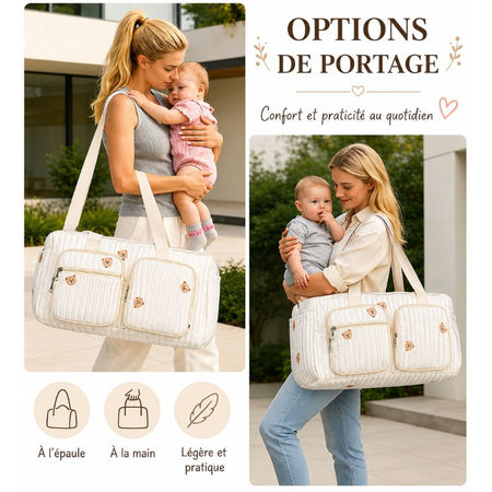 Options de portage du sac à langer EmbroidyMom avec maman et bébé - Bébé Lova