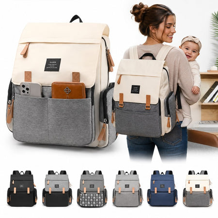 Sac à langer Oxford crème et gris avec poche avant et aperçu des coloris disponibles - Bébé Lova