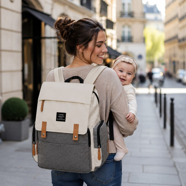 Maman portant le sac à langer crème et gris en ville avec son bébé sur la hanche - Bébé Lova