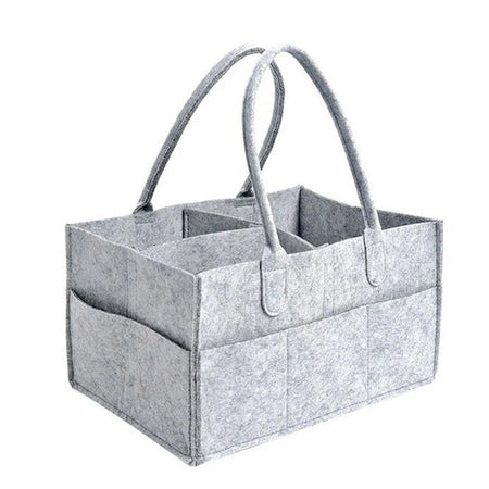 Sac de rangement à couches en feutre gris avec compartiments amovibles, vue de trois quarts - Bébé Lova