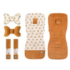 Ensemble complet de poussette motif feuilles ocre : coussin ergonomique, protège-ceintures et matelas recto-verso minky - Bébé Lova