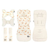 Ensemble complet de poussette motif renards crème : coussin ergonomique, protège-ceintures et matelas recto-verso minky - Bébé Lova