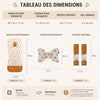 Tableau des dimensions de l'ensemble : matelas 83 x 36 cm, coussin 31 x 20 cm, protège-ceintures 28 x 17,5 cm, coton et éponge, 0 à 36 mois - Bébé Lova