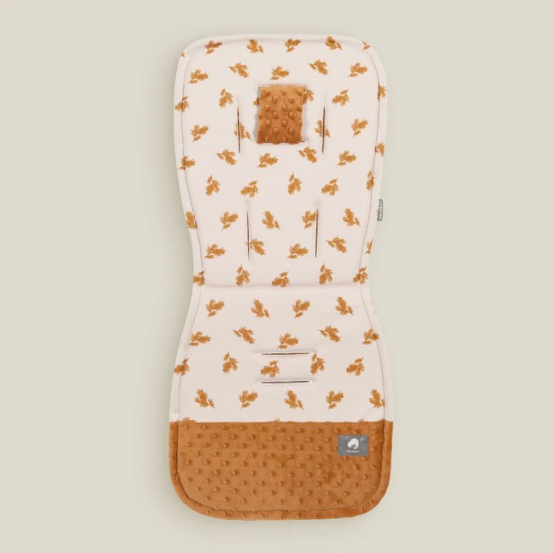 Matelas de poussette universel à motif feuilles de chêne ocre sur fond crème avec bas minky ocre - Bébé Lova