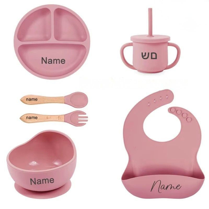 Kit vaisselle bébé silicone personnalisé prénom rose pastel avec ventouse et couverts - Bébé Lova