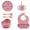 Kit vaisselle bébé silicone personnalisé prénom rose pastel avec ventouse et couverts - Bébé Lova