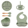 Vaisselle bébé silicone personnalisée vert olive avec prénom imprimé - Bébé Lova