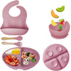 Set complet de vaisselle bébé en silicone rose : bavoir, bol à ventouse, assiette compartimentée, cuillère et fourchette à manche bois - Bébé Lova