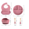 Schéma des dimensions du set : bavoir 30 x 23 cm, assiette 20,2 cm, bol 12 cm, couverts 14,5 cm et tasse à paille 14 cm - Bébé Lova