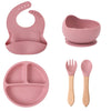 Set de vaisselle bébé en silicone vieux rose : bavoir, bol à ventouse, assiette compartimentée, fourchette et cuillère à manche bois - Bébé Lova