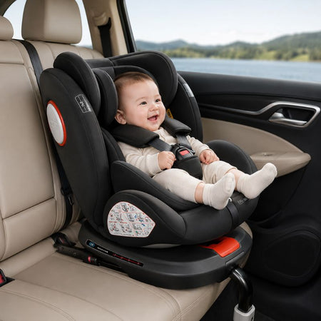 Bébé souriant installé dans un siège auto pivotant 360 ISOFIX dans une voiture - Bébé Lova