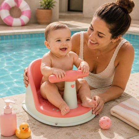 Bébé assis dans un siège de bain portable corail au bord d'une piscine avec sa maman à ses côtés dans un environnement sécurisé et ensoleillé - Bébé Lova