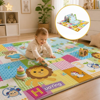 Bébé jouant sur le tapis de jeu éducatif coloré avec un encart montrant le tapis plié et compact - Bébé Lova