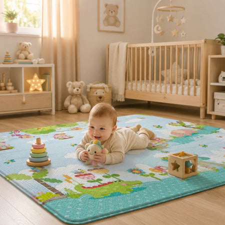 Bébé sur le ventre jouant sur le tapis de jeu éducatif face nature bleu et vert dans une chambre lumineuse - Bébé Lova