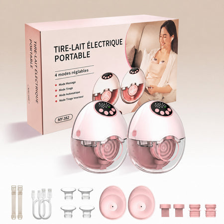 Tire-lait électrique mains libres chauffant double rose avec accessoires complets et boîte produit - Bébé Lova